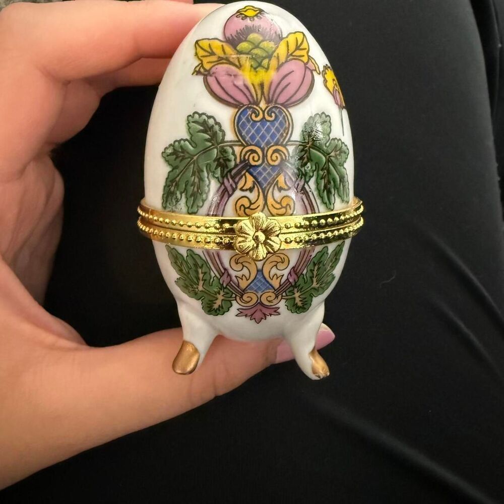 White and gold egg shaped trinket box with floral design #eggtastic